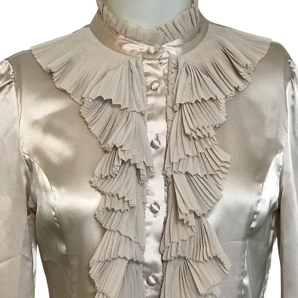 CHAMPAGNE SATIN RUFFLE PLEATED BLOUSE - Picture 2 of 7